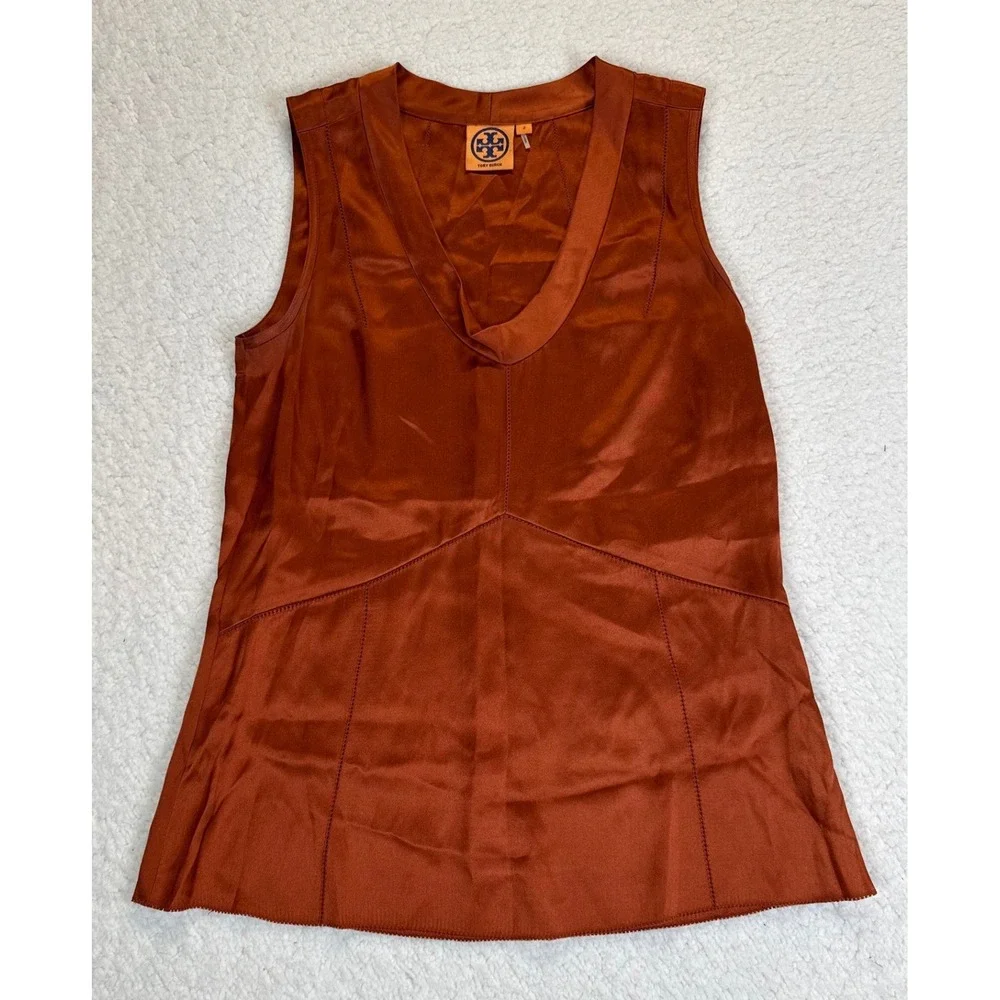 Tory Burch Copper Orange 100% Silk V-Neck‎ Sleeveless Blouse Top Size 2